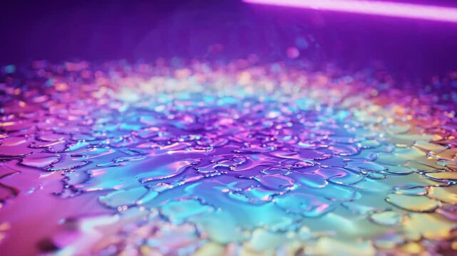 Iridescent water droplet neon light abstract futuristic glowing purple blue pink liquid surface vibrant reflection with pattern glowing neon light abstract background vibrant purple blue and pink
