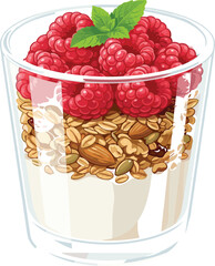 Healthy raspberry yogurt parfait vector illustration, fresh granola muesli dessert with mint leaf in glass on isolated background © Junayed