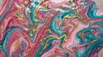 Fototapeta premium Abstract Fluid Acrylic Pouring Art Background with Pink Teal and Gold Metallic Marble Texture