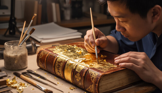 Focused Asian male artisan carefully applying shiny gold leaf onto the leather cover of a thick vintage antique book using a soft brush in a warm atmospheric classic restoration workshop