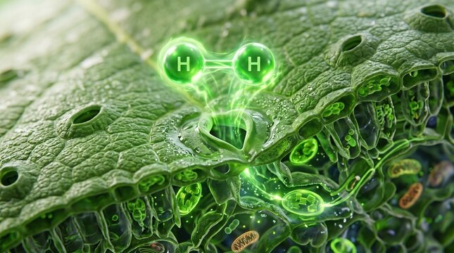 Microscopic Cross Section of Green Leaf with Hydrogen Molecule Emerging from Stomata, Bio-Hydrogen Production Concept