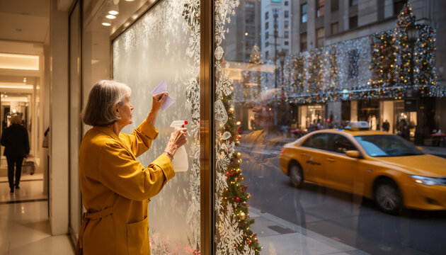 Senior female shop owner carefully cleaning and decorating a glass store window with winter frost for Christmas holidays while a yellow taxi drives on the busy street
