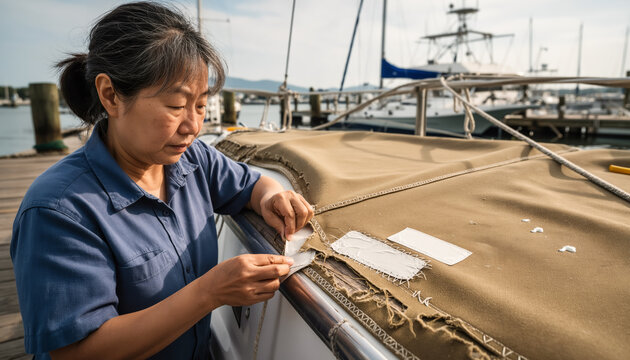 Focused senior Asian female sailmaker carefully repairing a canvas boat cover by hand sewing it with a needle and thread at a sunny marine harbor during summer