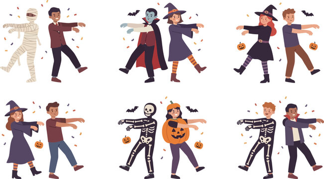 Group of diverse children in various Halloween costumes performing a zombie dance flat vector illustration isolated on a white background perfect for spooky party designs