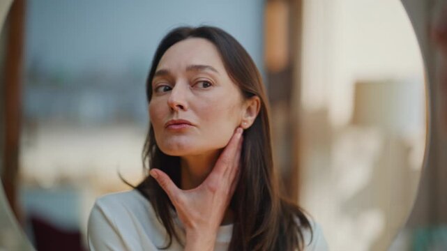 Lady inspecting face reflection gently touching skin closeup. Middle-aged woman
