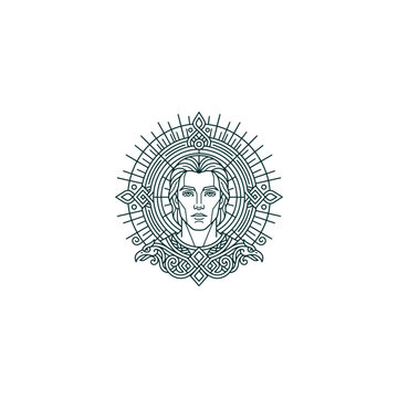 Line art vector illustration of a mythical male god or warrior portrait with geometric halo and raven elements