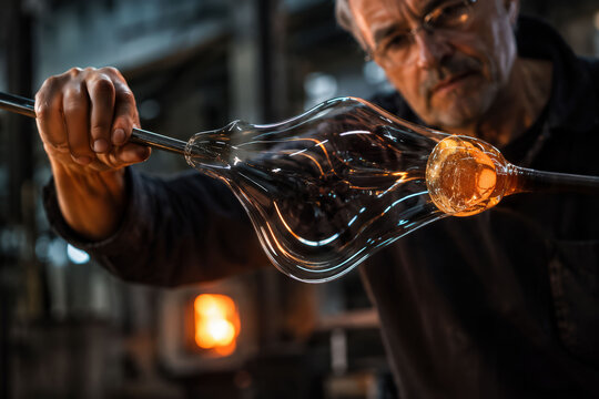 AI generated image of an experienced glassblower shaping molten glass into an elegant vessel using a blowpipe, captured in a traditional glassblowing studio with a glowing furnace in the background.