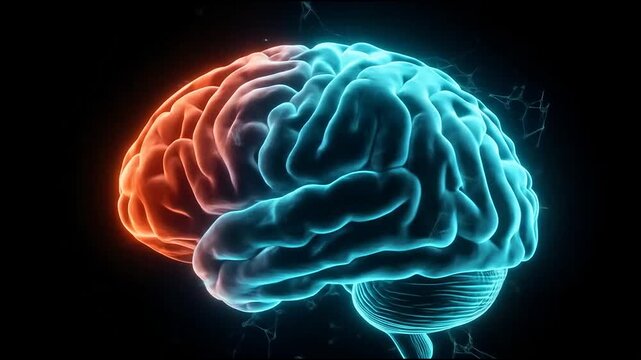 Symmetrical brain with orange and blue glowing hemispheres.