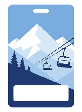 Ski pass with barcode space. Ski lift on the winter landscape 