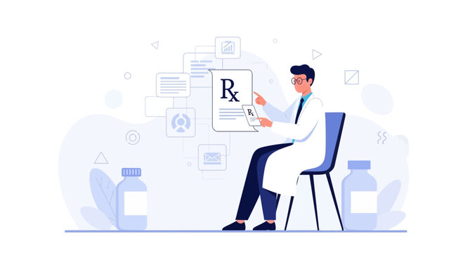 Doctor Prescribing Medication with RX Symbol, Pill Bottles, and Medical Icons