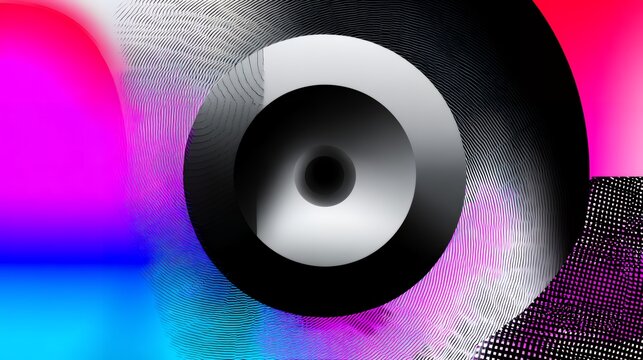 Modern 3d abstract metallic torus shape with vibrant pink and blue neon gradients and halftone patterns for creative graphic design
