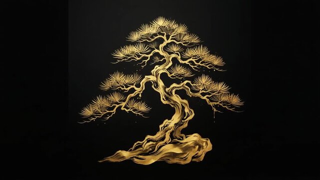 Golden Bonsai Pine Ink Art Background