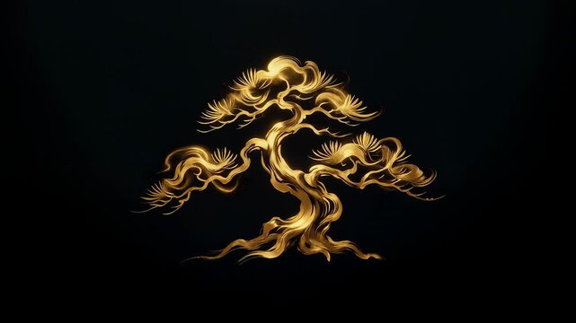 Golden Bonsai Pine Ink Art Background