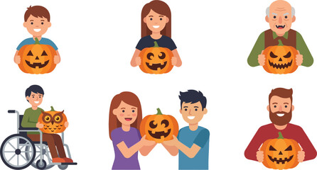 Fototapeta premium Diverse group of people including children adults and seniors holding festive carved Halloween pumpkins depicted in a cheerful flat vector illustration for holiday designs