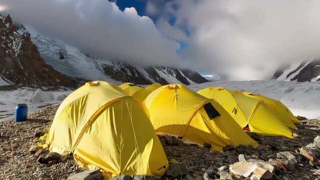 K2 mountain peak, second highest mountain in the world, K2 trek, Pakistan, Asia. Time lapse. Tent.
