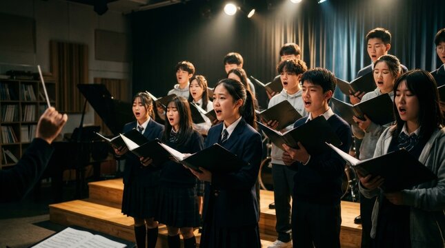 Teenage Choir Students Singing Together in School Auditorium
