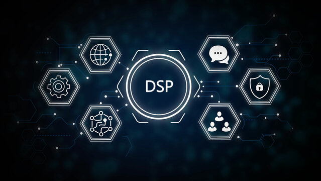 Digital signal processing concept with binary code, gears, and circuit symbols on dark background