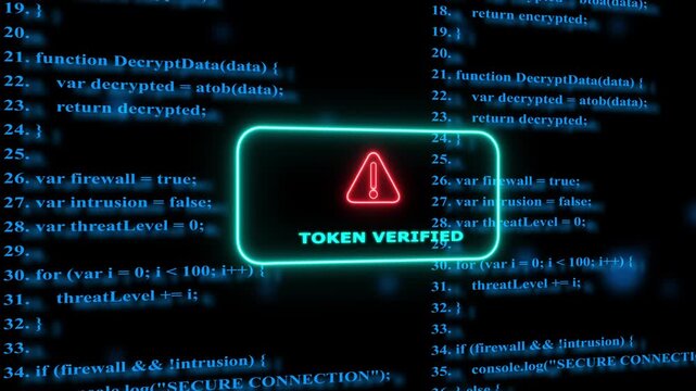 Cyber security token verified notification with scrolling programming code background authentication