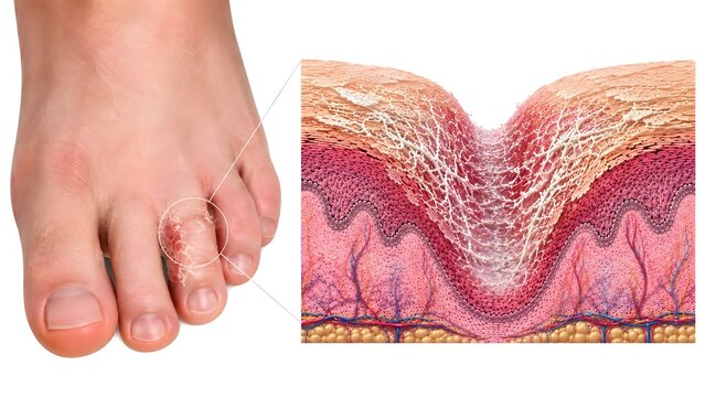 Interdigital tinea pedis (athlete's foot) showing classic fungal infection between the toes with maceration, scaling, and mild erythema.