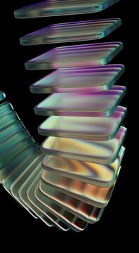 3D illustration showing black 3D background, neon light holographic gradient, abstract crystal pattern, glass chromatic cube block shapes render, and caustic effect