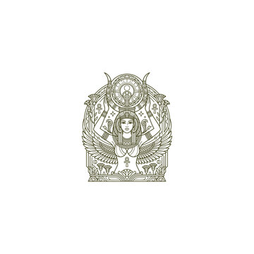 Ancient Egyptian winged goddess Isis line art illustration featuring ankh symbol, sun disk, cobra, and ornamental frame vector design