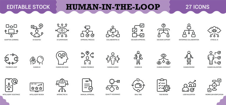 PrintHuman-in-the-Loop Icon Set - 27 Editable Vector Icons for AI Oversight & Collaborative Intelligence. Features human review, manual validation, feedback loops, user intervention, AI supervision, a