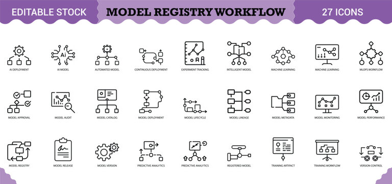 PrintModel Registry Workflow Icon Set - 27 Editable Vector Icons for MLOps & Model Management. Features version control, model catalog, deployment pipeline, metadata tracking, experiment logging, and 