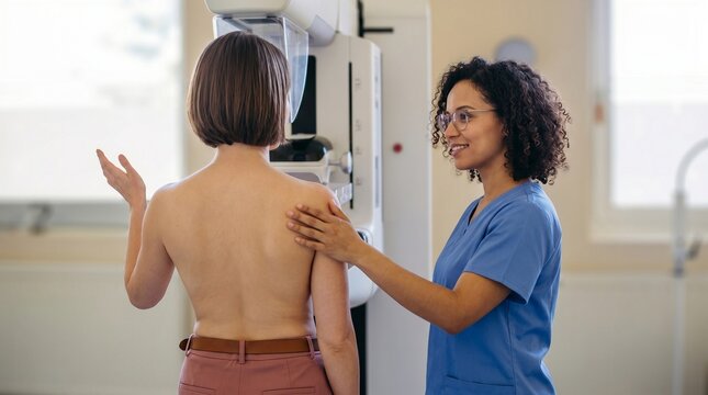 Female patient undergoing a mammogram screening with the assistance of a healthcare professional