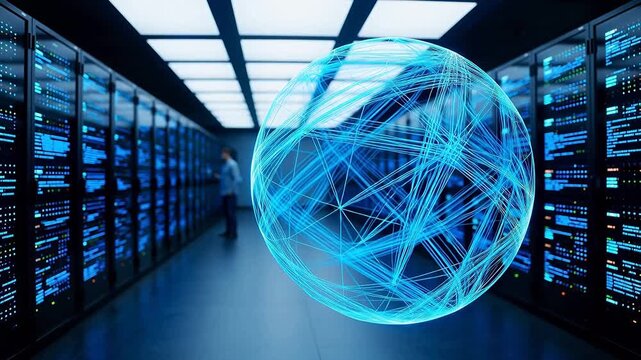 Server room with glowing network sphere