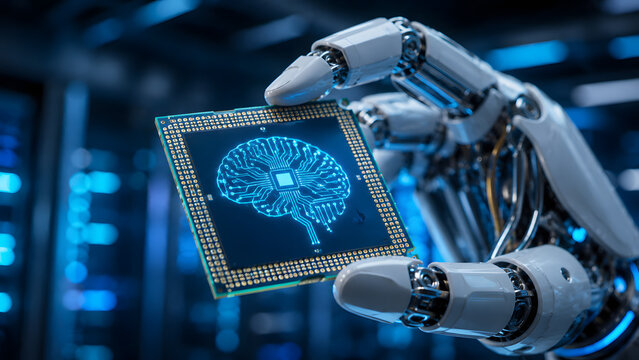 robot hand holding computer chip with brain circuit