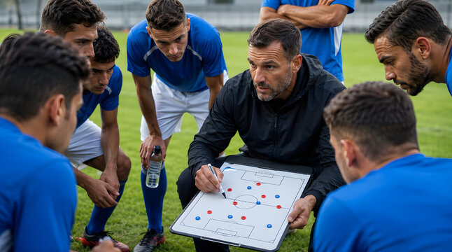 Soccer coach explaining strategy to team on field
