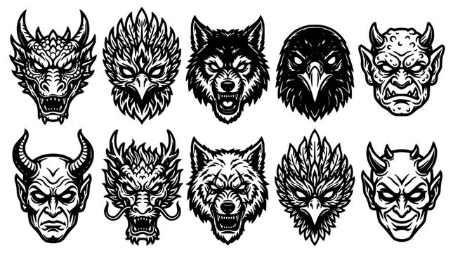 Wolf Head Icon Set with Fire Textures, Demon Masks, and Tribal Fantasy Emblems for Halloween Mythology Design