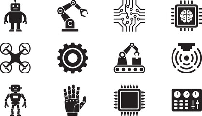 Naklejka premium Robotics, technology and engineering icons, 10 black vector symbols, industrial and mechanical set, gear and circuit board illustrations