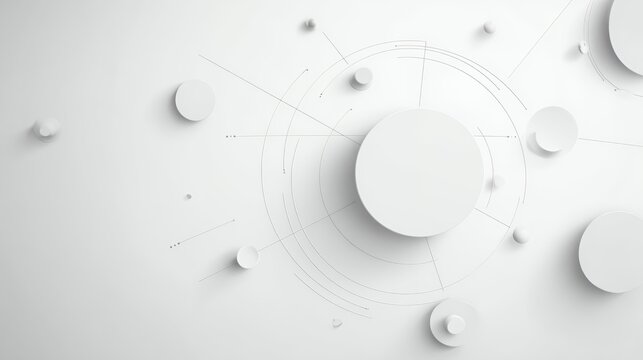 Minimalist white 3D geometric background with connected circles and lines. Abstract futuristic network and data communication concept.