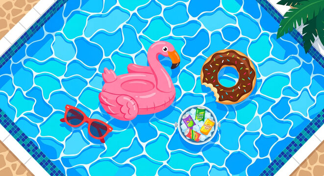 Summer pool fun, inflatable flamingo, donut float, tropical vacation, swim accessories