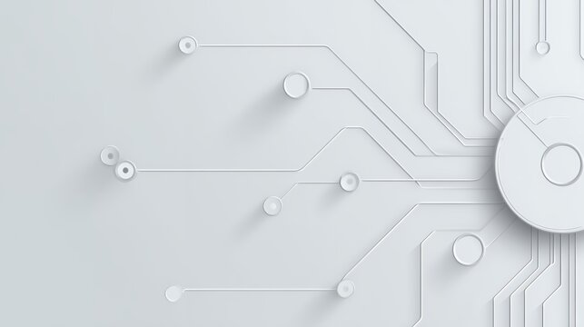 White 3D digital circuit board abstract background. Modern futuristic technology hardware, data connection and network node concept design.