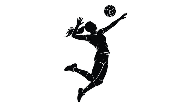 Athletic female volleyball player jumping high in the air to spike a ball during a professional match shown as a bold black and white silhouette