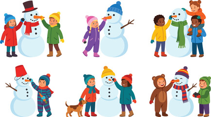 Obraz premium Children building snowmen together in winter diverse kids enjoying outdoor activities flat vector illustration for holiday and seasonal concepts