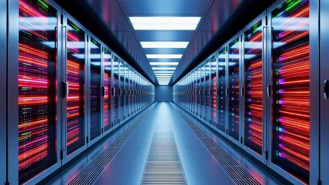 Server room with illuminated racks