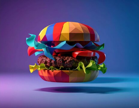 Vibrant Low Poly Burger Floating in Neon Light.