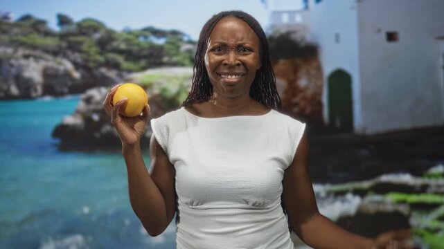 African american woman grimacing holds lemon in hand on a studio seaside set while wearing white dress, visible fingers tense; disgust.