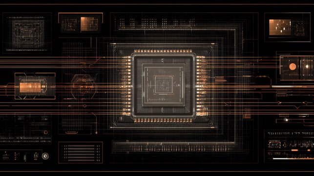 Top-down view of a futuristic computer processor and microchip with glowing orange neon circuit traces on a dark background.