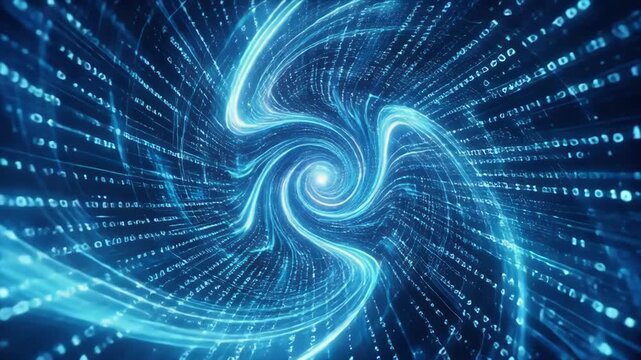 Abstract digital vortex with glowing binary code and futuristic data streams