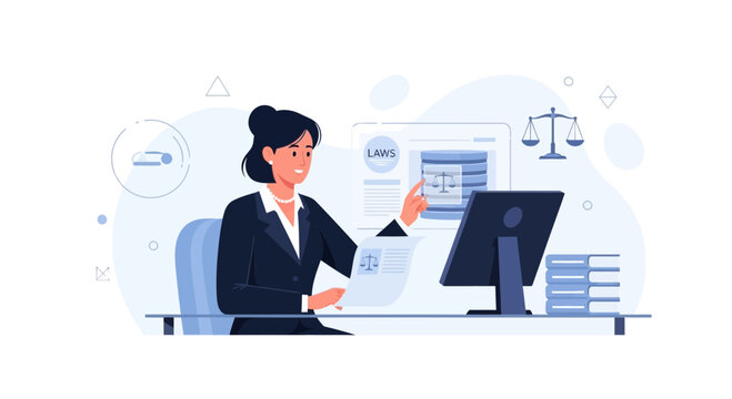 Lawyer working at desk with computer, legal documents, and scales of justice illustration