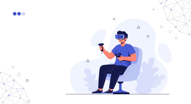 Man immersed in virtual reality, wearing VR headset and holding controllers, sitting in a chair with abstract background elements.