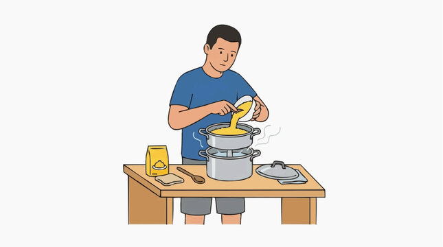S&atilde;o Jo&atilde;o Man Making Cuscuz Traditional Aluminum Cuscuzeira Steamer, Brazilian Northeastern Food Flat Illustration