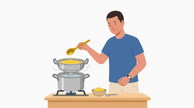 S&atilde;o Jo&atilde;o Man Making Cuscuz Traditional Aluminum Cuscuzeira Steamer, Brazilian Northeastern Food Flat Illustration
