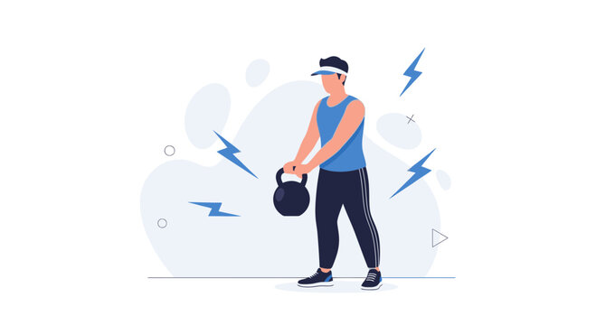 Man performing kettlebell swing exercise, vector illustration with lightning bolts symbolizing energy and power during workout.