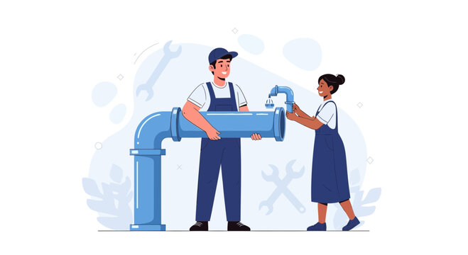 Plumber Couple Working Together Installing Large Pipe and Faucet with Tools Background