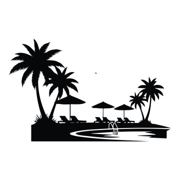 Tropical resort poolside with palm trees lounge chairs and sun umbrellas vector illustration.